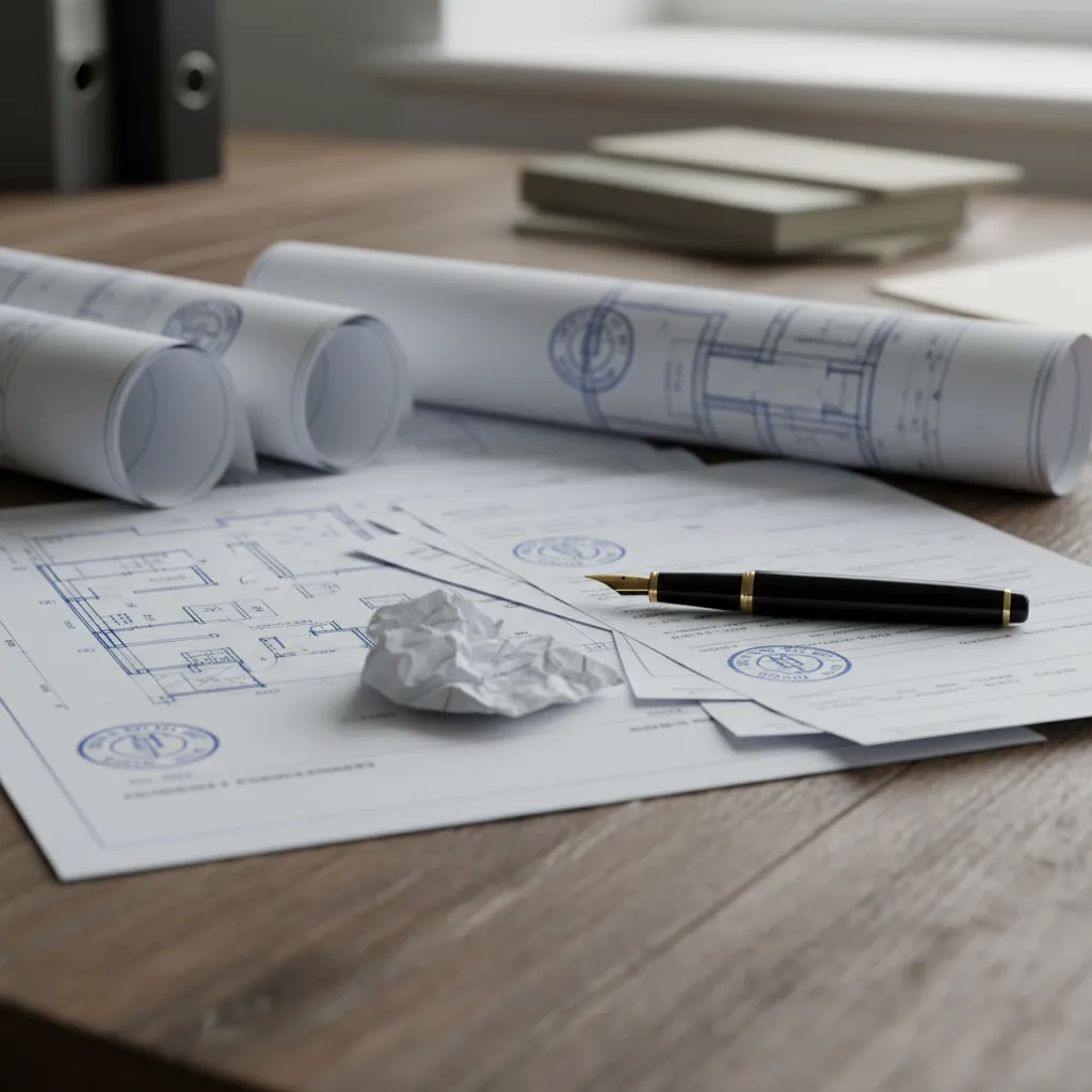 Documentos de licencia de obra sobre mesa de arquitecto en Barcelona