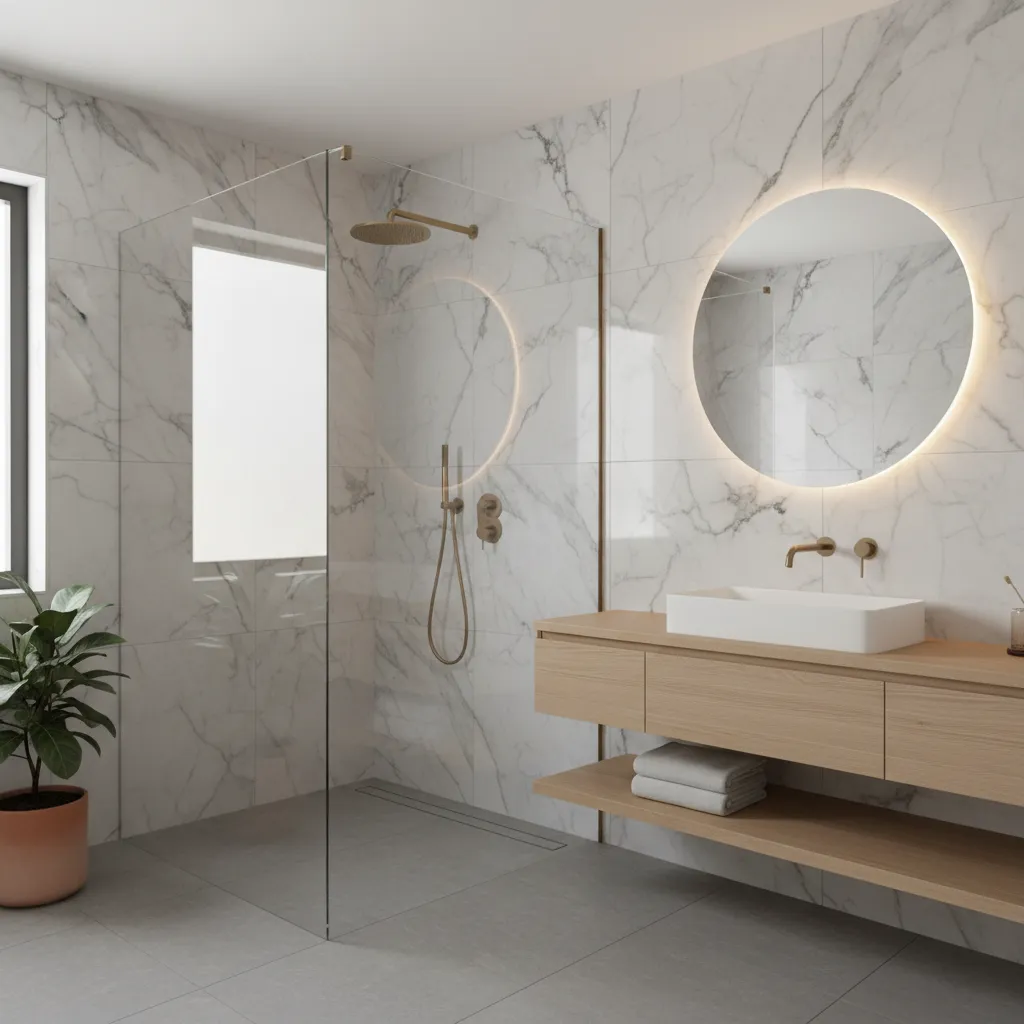 Reforma de baño — ducha a ras con mampara de cristal
