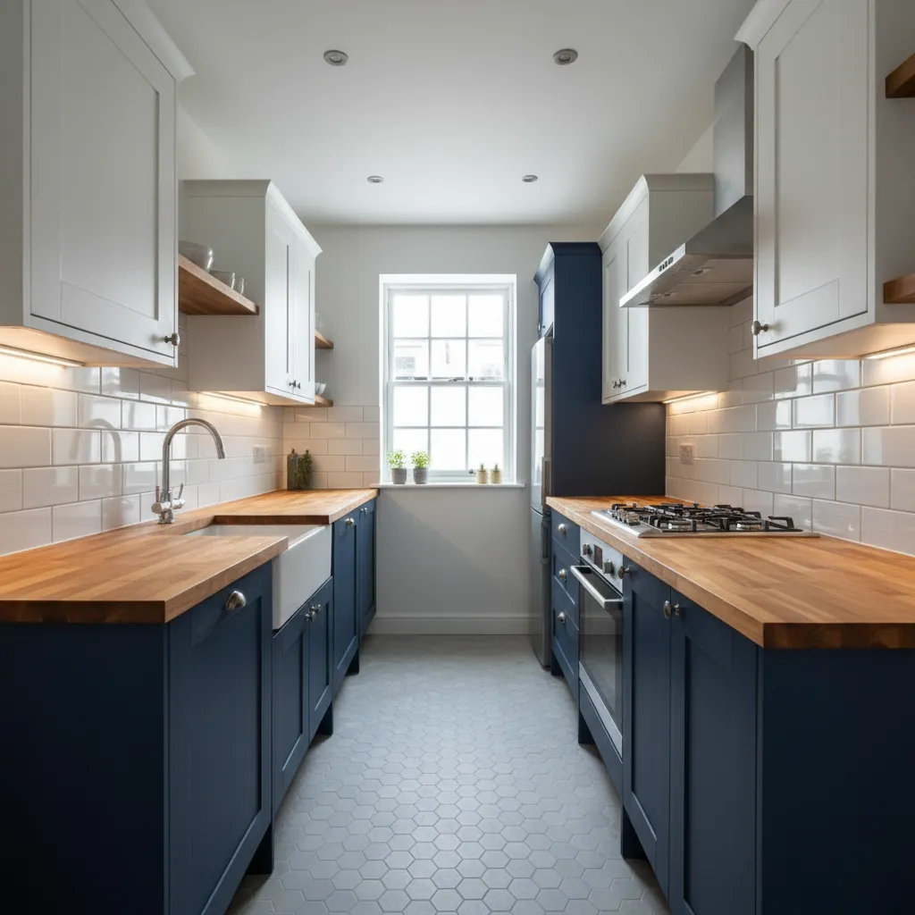 Reforma de cocina — cocina azul compacta renovada