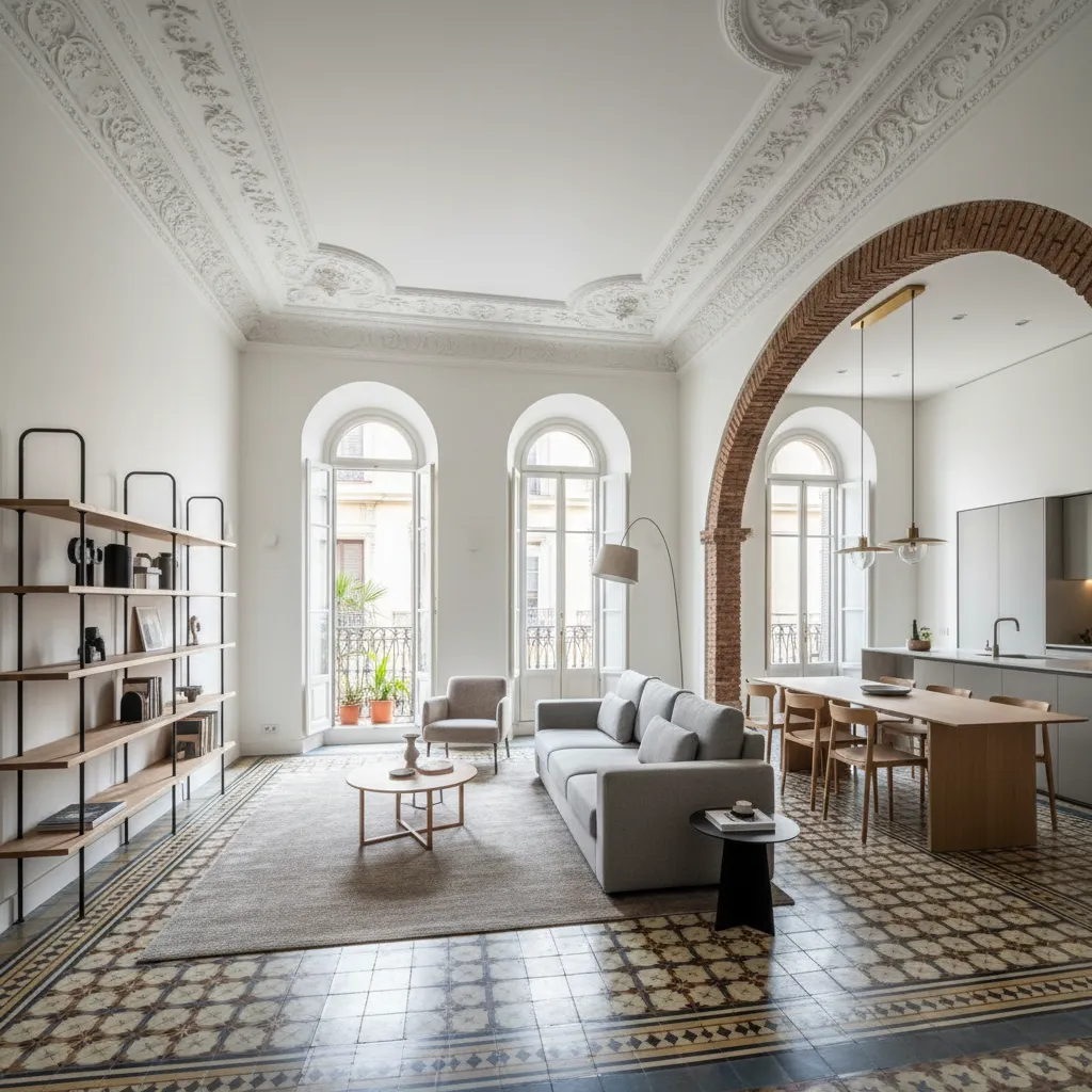 Reforma de piso — salón con suelo hidráulico restaurado